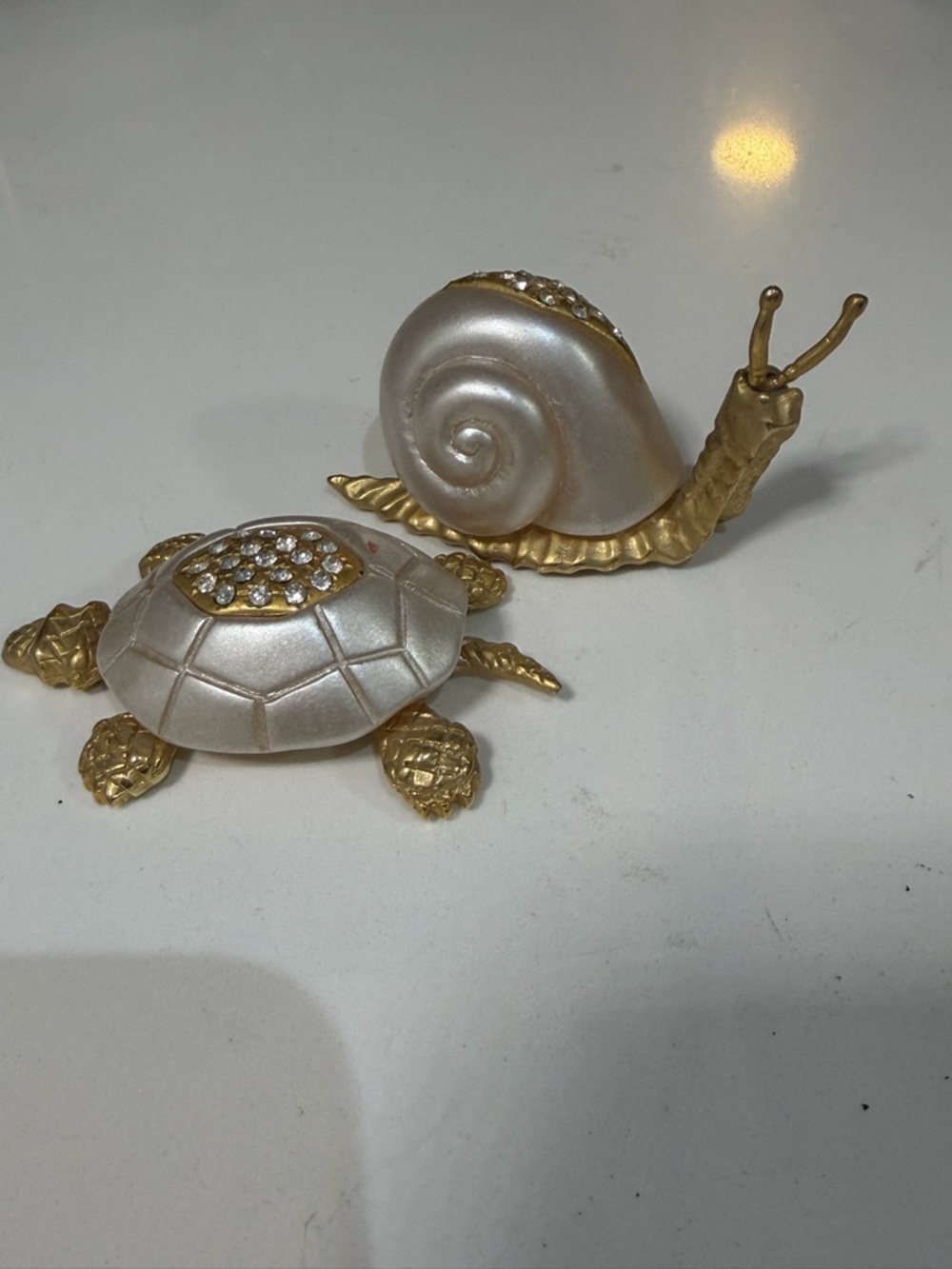 Adorable Gold And White Pearlescent Turtle and Snail Figurines